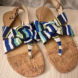 Striped Cork Sandals with Bow Accent